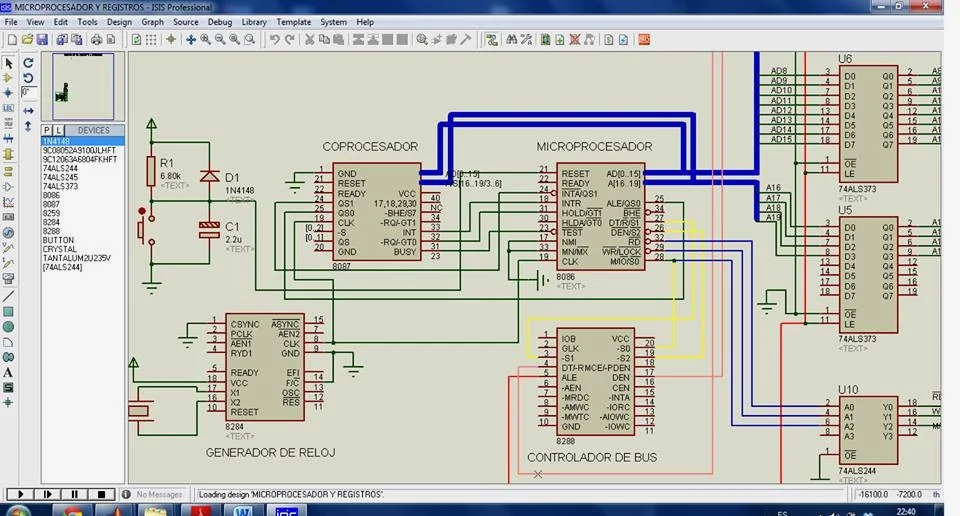 Proteus ISIS schematic of an 8086 microprocessor system with coprocessor, clock generator, bus controller and registers